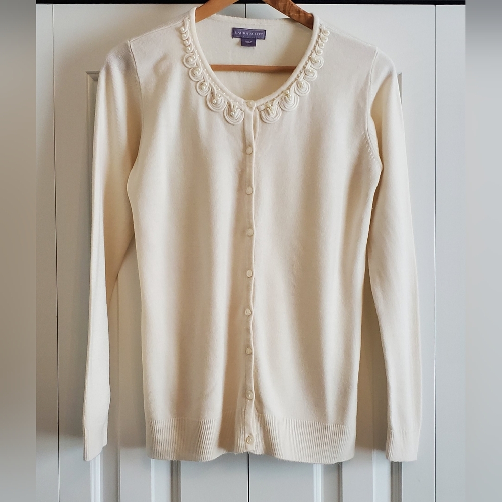 Womens Laura Scott Off White Rosette And Pearl Neck Button Down Cardigan Small